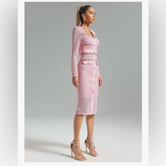🆕Pink Lace Luxury Gold Trim Button Front Midi Valentine Dress Womens M - Picture 1 of 9